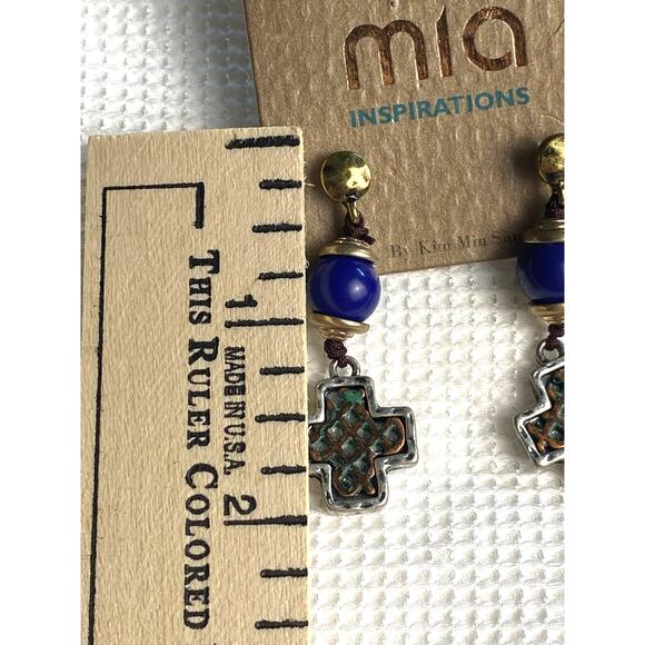 Mia Inspirations Inlay Cross Blue Bead Drop Dangle Post Earrings - Picture 4 of 5